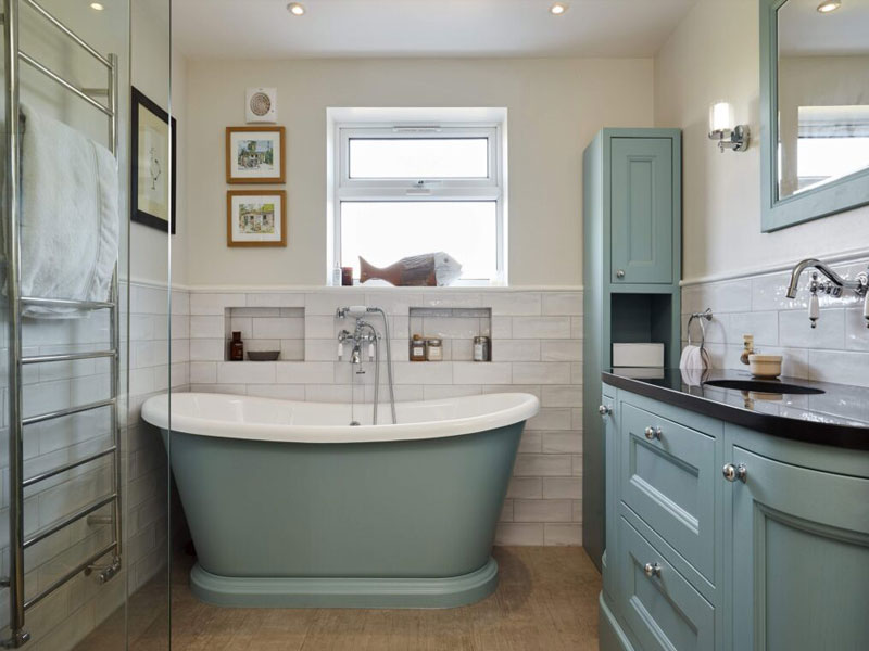 Bathroom interior design with open storage cabinet.